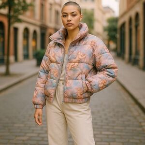 Forever21 Cherub Angel Puffer Jacket All Over Print Renaissance Fantasy | S EUC